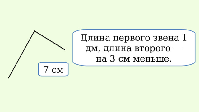 Длина первого звена 1 дм, длина второго — на 3 см меньше. 7 см