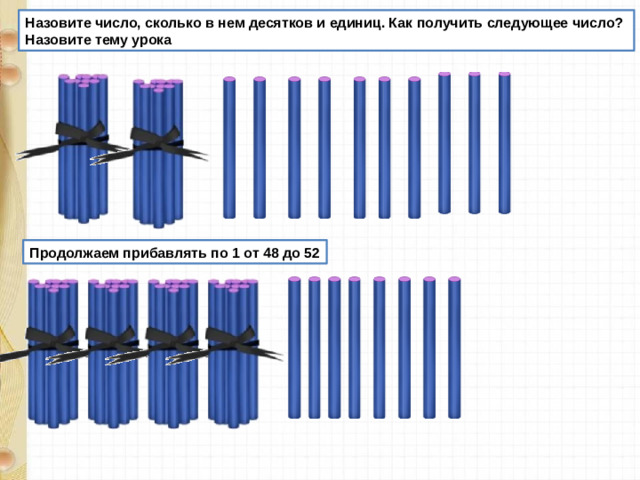 Назовите число, сколько в нем десятков и единиц. Как получить следующее число? Назовите тему урока Продолжаем прибавлять по 1 от 48 до 52