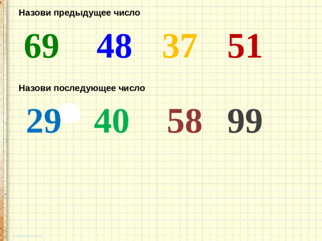 Назови предыдущее число 69 48 37 51 Назови последующее число 29 40 58 99