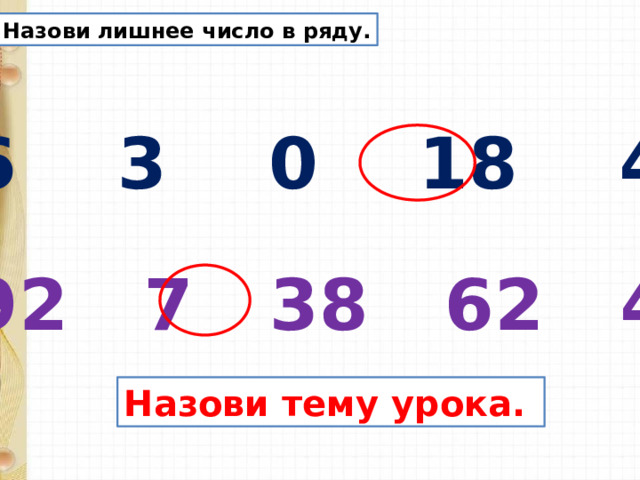 Назови лишнее число в ряду.  6 3 0 18 4  92 7 38 62 40 Назови тему урока.