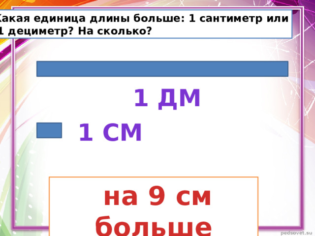 Какая единица длины больше: 1 сантиметр или  1 дециметр? На сколько?  1 дм  1 см  на 9 см больше