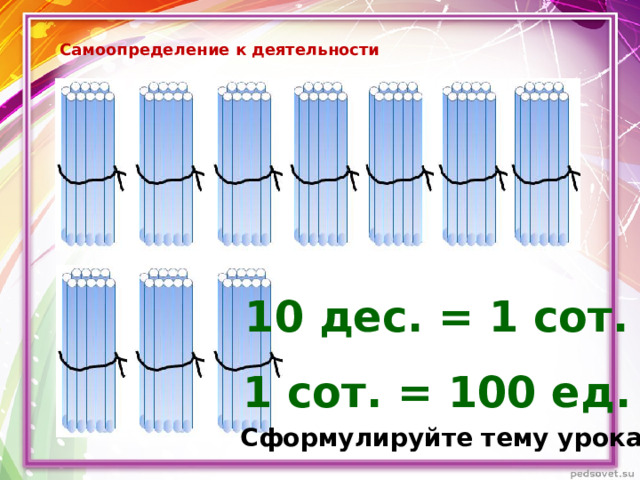 Самоопределение к деятельности 10 дес. = 1 сот. 1 сот. = 100 ед. Сформулируйте тему урока