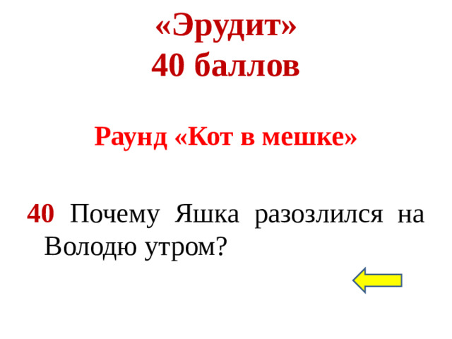 «Эрудит»  40 баллов Раунд «Кот в мешке»  40 Почему Яшка разозлился на Володю утром?