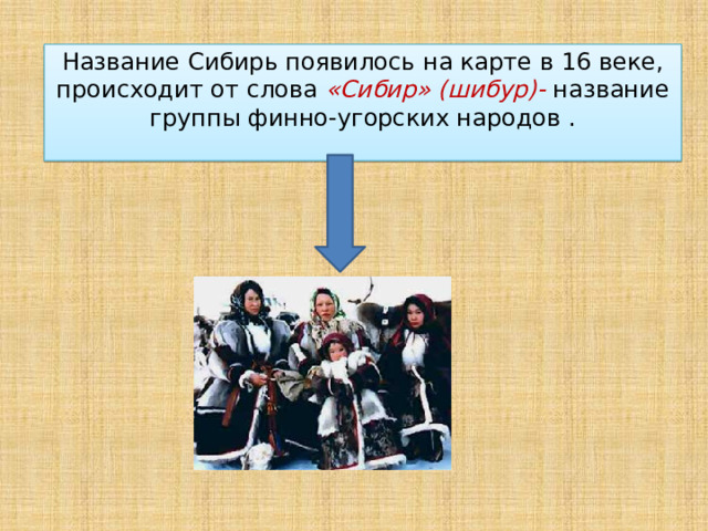 Название Сибирь появилось на карте в 16 веке, происходит от слова «Сибир» (шибур)- название группы финно-угорских народов .