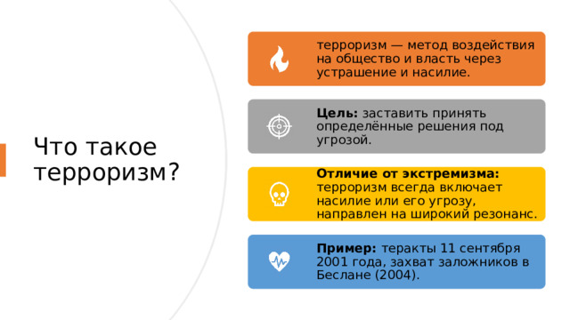 терроризм — метод воздействия на общество и власть через устрашение и насилие. Что такое терроризм? Цель: заставить принять определённые решения под угрозой. Отличие от экстремизма: терроризм всегда включает насилие или его угрозу, направлен на широкий резонанс. Пример: теракты 11 сентября 2001 года, захват заложников в Беслане (2004).