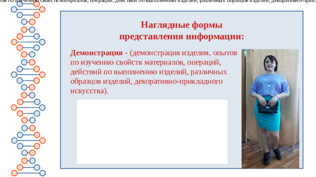 (демонстрация опытов по изучению свойств материалов, операций, действий по выполнению изделий, различных образцов изделий, декоративно-прикладного искусства). Наглядные формы представления информации:  Демонстрация - (демонстрация изделия, опытов по изучению свойств материалов, операций, действий по выполнению изделий, различных образцов изделий, декоративно-прикладного искусства).