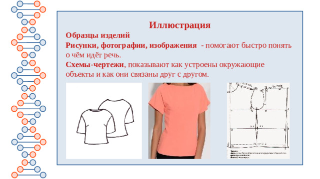 Иллюстрация Образцы изделий  Рисунки, фотографии, изображения - помогают быстро понять о чём идёт речь. Схемы - чертежи , показывают как устроены окружающие объекты и как они связаны друг с другом.