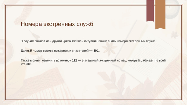 Номера экстренных служб В случае пожара или другой чрезвычайной ситуации важно знать номера экстренных служб. Единый номер вызова пожарных и спасателей — 101.  Также можно позвонить по номеру 112 — это единый экстренный номер, который работает по всей стране.