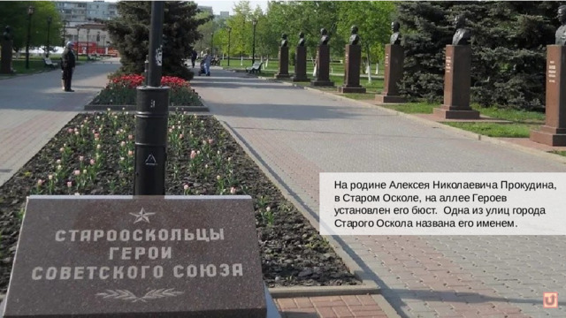 На родине Алексея Николаевича Прокудина, в Старом Осколе, на аллее Героев установлен его бюст. Одна из улиц города Старого Оскола названа его именем.