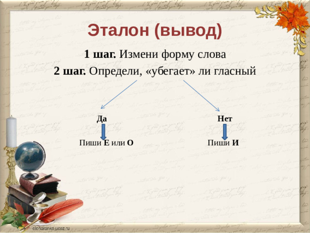 Эталон (вывод) 1 шаг. Измени форму слова 2 шаг. Определи, «убегает» ли гласный  Да Нет   Пиши Е или О Пиши И