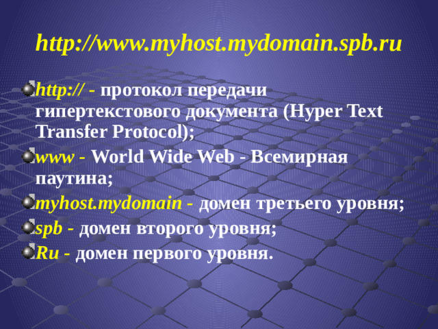 http://www.myhost.mydomain.spb.ru http:// - протокол передачи гипертекстового документа (Hyper Text Transfer Protocol); www -  World Wide Web - Всемирная паутина; myhost.mydomain - домен третьего уровня; spb -  домен второго уровня; Ru -  домен первого уровня.