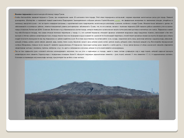 Влияние терриконов на экологическую обстановку города Гуково. Особое беспокойство вызывает террикон в Гуково, где сосредоточено около 20 миллионов тонн породы. Этот отвал периодически вспыхивает, создавая серьезные экологические риски для города. Бывший руководитель «Ростовугля» и нынешний первый заместитель Председателя Законодательного собрания региона Сергей Михалев  считает