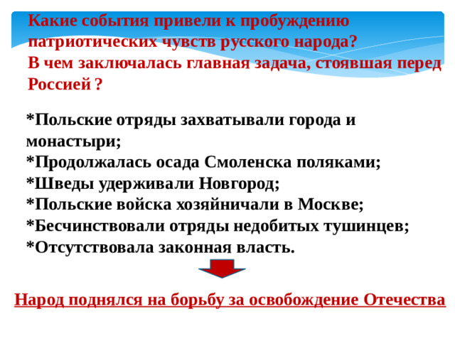 Какие события привели к пробуждению патриотических чувств русского народа? В чем заключалась главная задача, стоявшая перед Россией  ?  *Польские отряды захватывали города и монастыри; *Продолжалась осада Смоленска поляками; *Шведы удерживали Новгород; *Польские войска хозяйничали в Москве; *Бесчинствовали отряды недобитых тушинцев; *Отсутствовала законная власть. Народ поднялся на борьбу за освобождение Отечества
