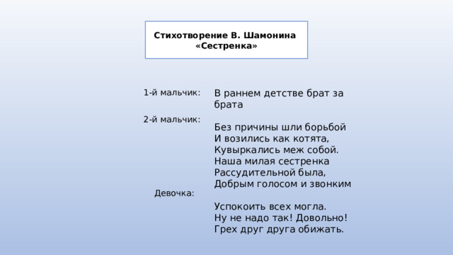 Стихотворение В. Шамонина «Сестренка» 1-й мальчик: В раннем детстве брат за брата Без причины шли борьбой И возились как котята, Кувыркались меж собой. Наша милая сестренка Рассудительной была, Добрым голосом и звонким Успокоить всех могла. Ну не надо так! Довольно! Грех друг друга обижать. 2-й мальчик: Девочка: