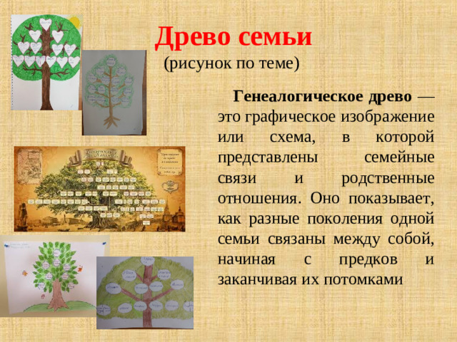 Древо семьи  (рисунок по теме)  Генеалогическое древо — это графическое изображение или схема, в которой представлены семейные связи и родственные отношения. Оно показывает, как разные поколения одной семьи связаны между собой, начиная с предков и заканчивая их потомками
