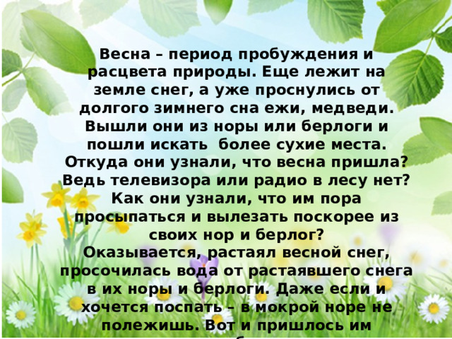 Весна – период пробуждения и расцвета природы. Еще лежит на земле снег, а уже проснулись от долгого зимнего сна ежи, медведи. Вышли они из норы или берлоги и пошли искать более сухие места. Откуда они узнали, что весна пришла? Ведь телевизора или радио в лесу нет? Как они узнали, что им пора просыпаться и вылезать поскорее из своих нор и берлог? Оказывается, растаял весной снег, просочилась вода от растаявшего снега в их норы и берлоги. Даже если и хочется поспать – в мокрой норе не полежишь. Вот и пришлось им вылезать из нор да берлог и искать для себя места посуше.