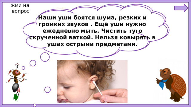 жми на  вопрос Наши уши боятся шума, резких и громких звуков . Ещё уши нужно ежедневно мыть. Чистить туго скрученной ваткой. Нельзя ковырять в ушах острыми предметами. Ребята, как надо относиться к такому сложному органу?  Как вы понимаете — бережно относиться? Что надо делать и чего не надо делать?