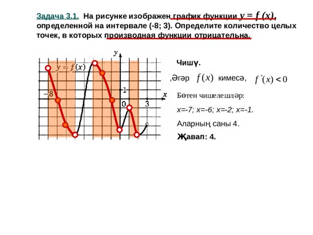 Задача 3.1. На рисунке изображен график функции y = f (x) ,  определенной на интервале (-8; 3). Определите количество целых точек, в которых производная функции отрицательна.  Чишү . кимесә, ,Әгәр Бөтен чишелешләр: х=-7; х=-6; х=-2; х=-1. Аларның саны 4. Җавап: 4.