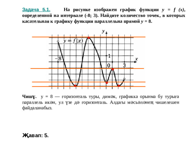 Задача 5.1. На рисунке изображен график функции y = f (x) , определенной на интервале (-8; 3). Найдите количество точек, в которых касательная к графику функции параллельна прямой у = 8. 2- 49 - 50 Евдокия Ивановна Чирина Чишү. у = 8 — горизонталь туры, димәк, графикка орынма бу турыга параллель икән, ул үзе дә горизонталь. Алдагы мәсьәләнең чишелешен файдаланабыз. Җавап: 5. 17