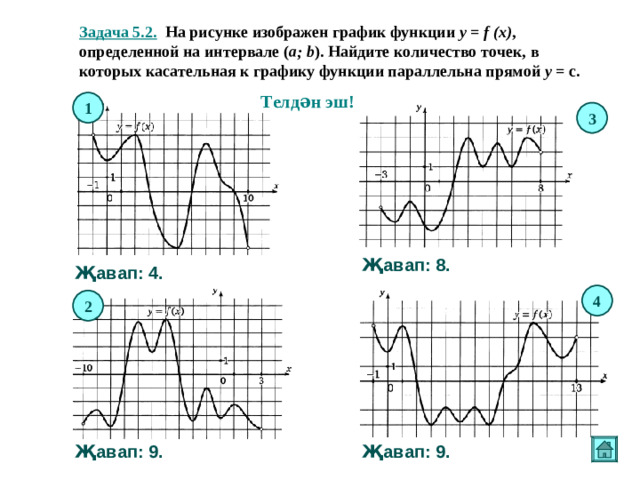 Задача 5.2. На рисунке изображен график функции y = f (x) , определенной на интервале ( a ; b ). Найдите количество точек, в которых касательная к графику функции параллельна прямой у = с. Телдән эш! 1 3 Җавап: 8. Җавап: 4. 4 2 Җавап: 9. Җавап: 9.