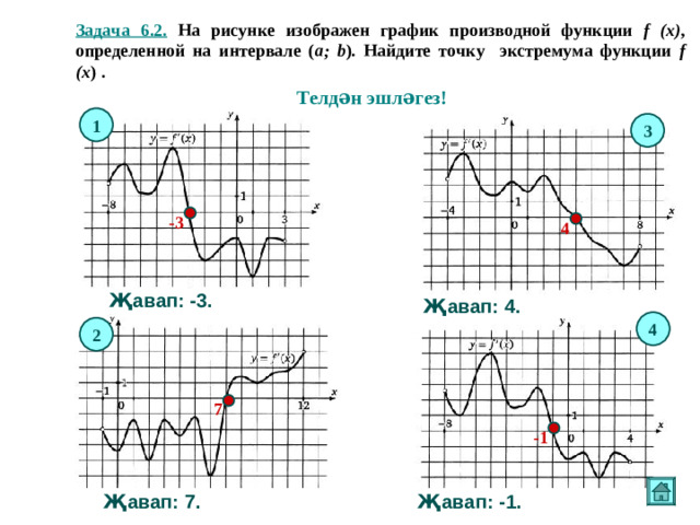 Задача 6.2. На рисунке изображен график производной функции f (x) , определенной на интервале ( a ; b ). Найдите точку экстремума функции f (x ) .  Телдән эшләгез! 1 3 -3 4 Җавап: -3 . Җавап: 4 . 4 2 7 - 1 Җавап: -1 . Җавап: 7 .