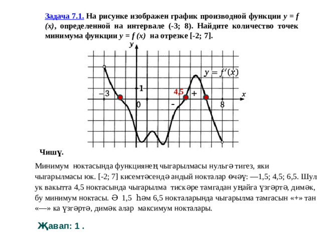 Задача 7.1. На рисунке изображен график производной функции y = f (x) , определенной на интервале (-3; 8). Найдите количество точек минимума функции y = f (x) на отрезке [-2; 7] . 4,5 + - Чишү. Минимум ноктасында функциянең чыгарылмасы нульгә тигез, яки чыгарылмасы юк. [-2; 7] кисемтәсендә андый нокталар өчәү: —1,5; 4,5; 6,5. Шул ук вакытта 4,5 ноктасында чыгарылма тискәре тамгадан уңайга үзгәртә, димәк, бу минимум ноктасы. Ә 1,5 һәм 6,5 нокталарында чыгарылма тамгасын «+» тан «—» ка үзгәртә, димәк алар максимум нокталары. Җавап: 1 .