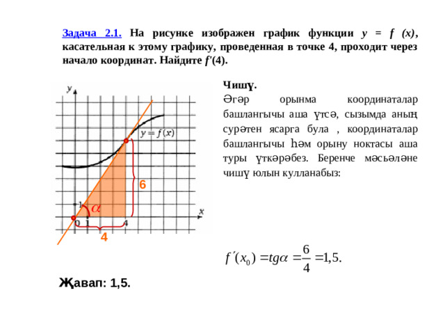 Задача 2.1.  На рисунке изображен график функции y = f (x) , касательная к этому графику, проведенная в точке 4, проходит через начало координат. Найдите f ' (4). Чишү.  Әгәр орынма координаталар башлангычы аша үтсә, сызымда аның сурәтен ясарга була , координаталар башлангычы һәм орыну ноктасы аша туры үткәрәбез. Беренче мәсьәләне чишү юлын кулланабыз: 6 4 Җавап: 1,5.