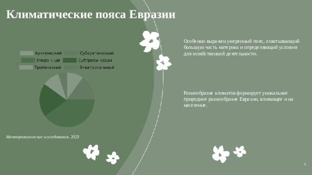 Климатические пояса Евразии  Особенно выражен умеренный пояс, охватывающий большую часть материка и определяющий условия для хозяйственной деятельности. Разнообразие климатов формирует уникальное природное разнообразие Евразии, влияющее и на население. Метеорологические исследования, 2023  5