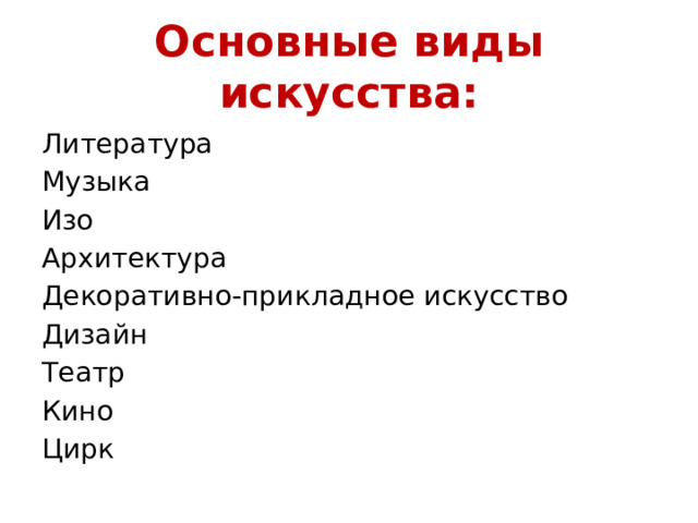 Основные виды искусства: Литература Музыка Изо Архитектура Декоративно-прикладное искусство Дизайн Театр Кино Цирк