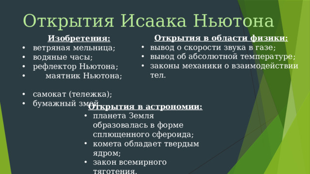 Открытия Исаака Ньютона Открытия в области физики: вывод о скорости звука в газе; вывод об абсолютной температуре; законы механики о взаимодействии тел. Изобретения: •  ветряная мельница; •  водяные часы; •  рефлектор Ньютона; • маятник Ньютона; •  самокат (тележка); •  бумажный змей. Открытия в астрономии: