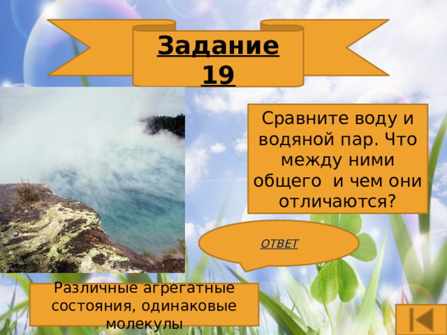 Задание 19 Сравните воду и водяной пар. Что между ними общего и чем они отличаются? ОТВЕТ Различные агрегатные состояния, одинаковые молекулы