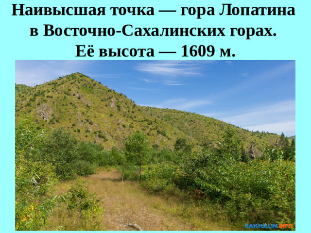 Наивысшая точка — гора Лопатина  в Восточно-Сахалинских горах.  Её высота — 1609 м.