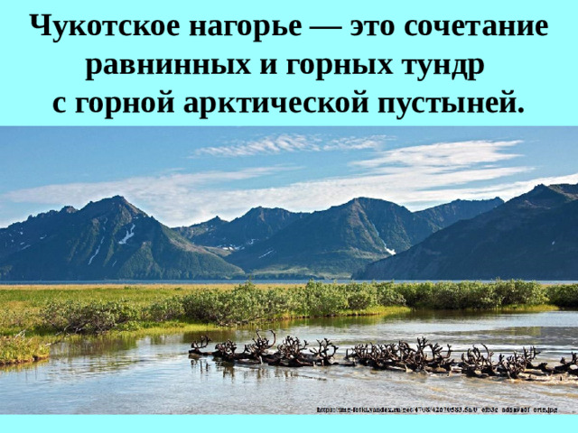Чукотское нагорье — это сочетание равнинных и горных тундр  с горной арктической пустыней.