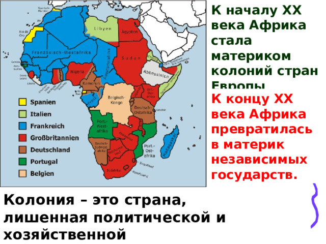 К началу XX века Африка стала материком колоний стран Европы К концу XX века Африка превратилась в материк независимых государств. Колония – это страна, лишенная политической и хозяйственной самостоятельности.