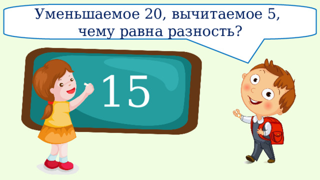 Уменьшаемое 20, вычитаемое 5, чему равна разность? 15