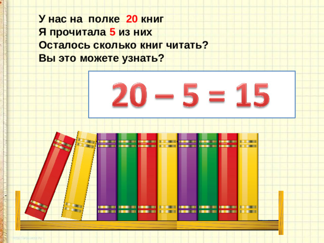 У нас на полке 20 книг Я прочитала 5 из них Осталось сколько книг читать? Вы это можете узнать?