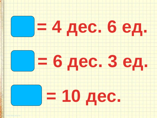 46 = 4 дес. 6 ед. 63 = 6 дес. 3 ед. 100 = 10 дес.