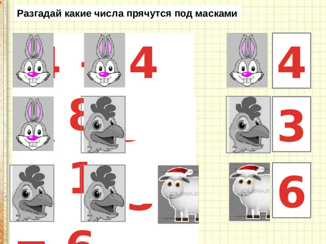 Разгадай какие числа прячутся под масками  4 + 4 = 8 4  4 – 3 = 1 3 6  3 + 3 = 6