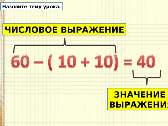 Назовите тему урока. ЧИСЛОВОЕ ВЫРАЖЕНИЕ ЗНАЧЕНИЕ ВЫРАЖЕНИЯ