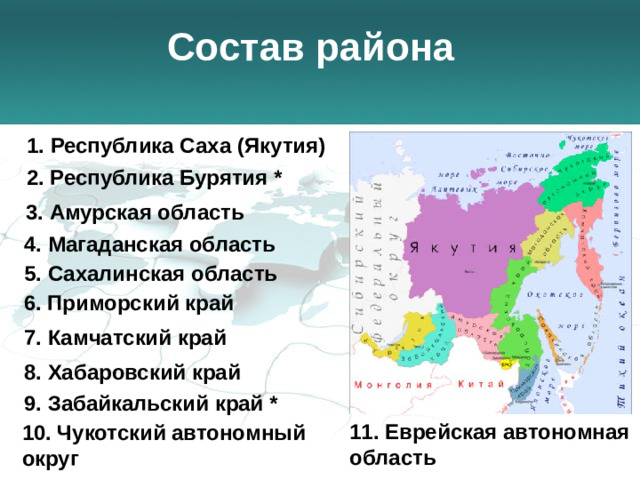 Состав района  1. Республика Саха (Якутия) 2. Республика Бурятия * 3. Амурская область 4. Магаданская область 5. Сахалинская область 6. Приморский край 7. Камчатский край 8. Хабаровский край 9. Забайкальский край * 11. Еврейская автономная область 10. Чукотский автономный округ