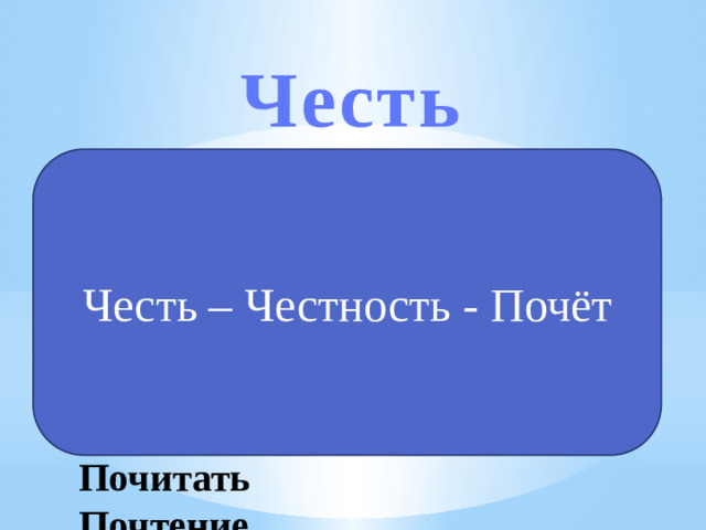 Честь Честь – Честность - Почёт Честный Честность Бесчестие Чествовать Почесть  Почитать Почтение Почтенный Предпочесть Предпочтение