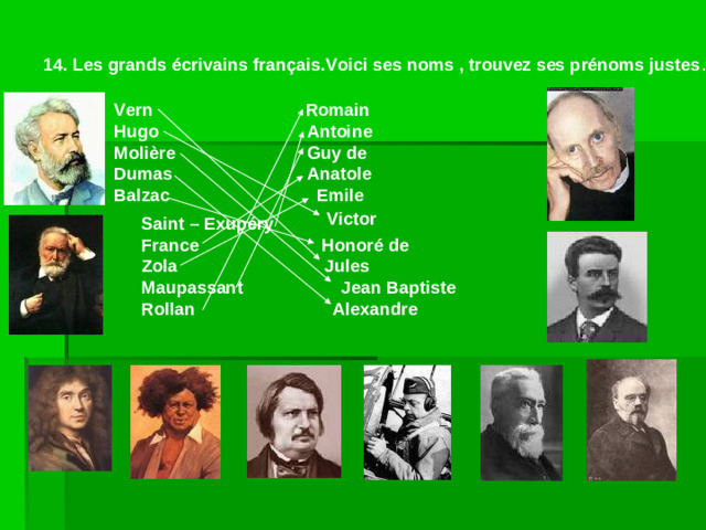 14. Les grands écrivains français.Voici ses noms , trouvez ses prénoms justes .   Vern Romain  Hugo Antoine  Molière  Guy de    Dumas  Anatole  Balzac Emile Victor Saint – Exupéry France   Honoré de  Zola Jules Maupassant Jean Baptiste Rollan Alexandre
