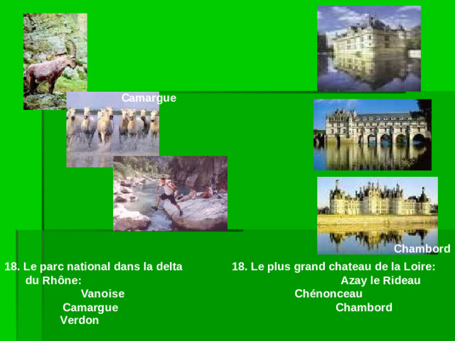 Camargue Chambord 18. Le parc national dans la delta   18. Le plus grand chateau de la Loire:  du Rh ô ne:       Azay le Rideau Vanoise      Ch é nonceau  Camargue      Chambord  Verdon