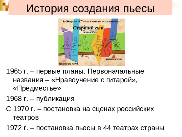 История создания пьесы 1965 г. – первые планы. Первоначальные названия – «Нравоучение с гитарой», «Предместье» 1968 г. – публикация С 1970 г. – постановка на сценах российских театров 1972 г. – постановка пьесы в 44 театрах страны