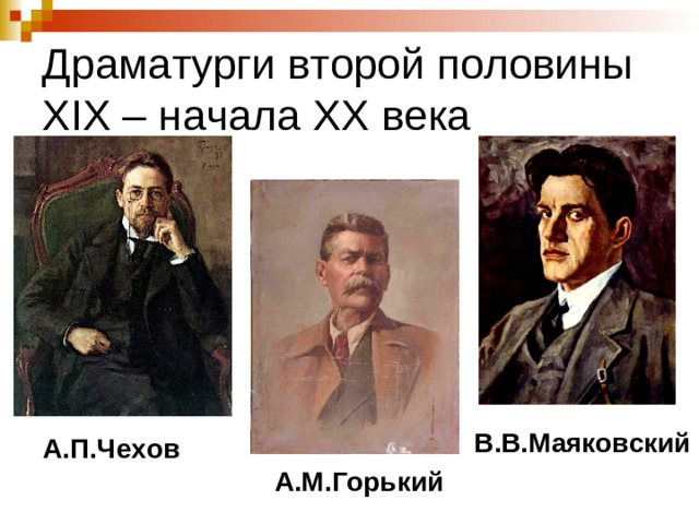 Драматурги второй половины XIX – начала XX века В.В.Маяковский А.П.Чехов А.М.Горький