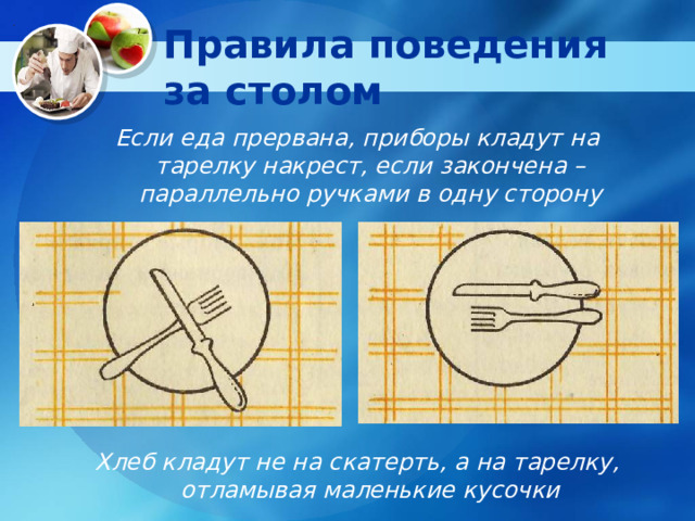 Правила поведения за столом  Если еда прервана, приборы кладут на тарелку накрест, если закончена – параллельно ручками в одну сторону        Хлеб кладут не на скатерть, а на тарелку, отламывая маленькие кусочки