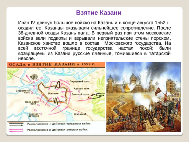 Взятие Казани Иван IV двинул большое войско на Казань и в конце августа 1552 г. осадил ее. Казанцы оказывали сильнейшее сопротивление. После 38-дневной осады Казань пала. В первый раз при этом московские войска вели подкопы и взрывали неприятельские стены порохом. Казанское ханство вошло в состав Московского государства. На всей восточной границе государства настал покой; были возвращены из Казани русские пленные, томившиеся в татарской неволе.