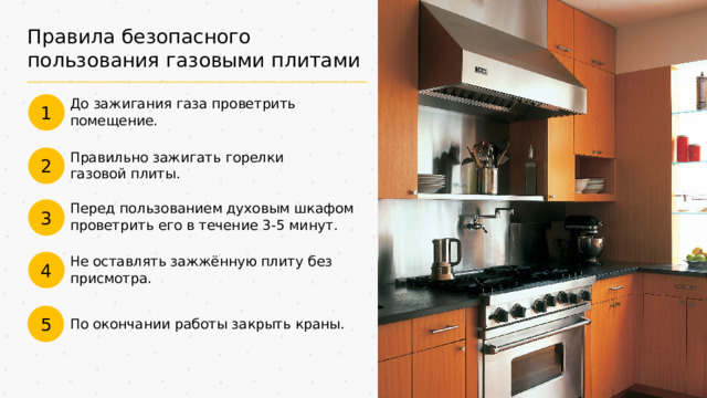 Правила безопасного пользования газовыми плитами До зажигания газа проветрить помещение. 1 Правильно зажигать горелки газовой плиты. 2 Перед пользованием духовым шкафом проветрить его в течение 3-5 минут. 3 Не оставлять зажжённую плиту без присмотра. 4 5 По окончании работы закрыть краны.