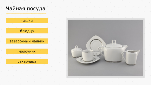 Чайная посуда чашки блюдца заварочный чайник молочник сахарница