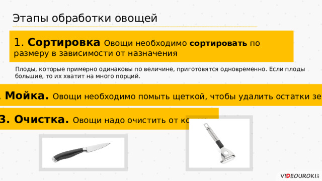 Этапы обработки овощей 1. Сортировка  Овощи необходимо сортировать по размеру в зависимости от назначения Плоды, которые примерно одинаковы по величине, приготовятся одновременно. Если плоды большие, то их хватит на много порций. 2. Мойка. Овощи необходимо помыть щеткой, чтобы удалить остатки земли 3. Очистка. Овощи надо очистить от кожуры